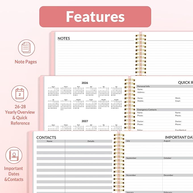 SUNEE 2026 Weekly and Monthly Planner - from January 2026 - December 2026, 6.4" x 8.3" Daily Agenda Planner with Monthly Tab, Flexible Cover, Note Pages, Pockets, Bookmark, Spiral Binding, Pink