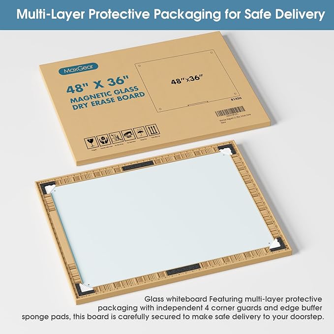 MaxGear Glass White Board 48x36 Inches, Wall Mounted Magnetic Glass Dry Erase Board, Large Frameless Whiteboard with 1 Eraser,3 Markers and 6 Magnets for Office, School, Home