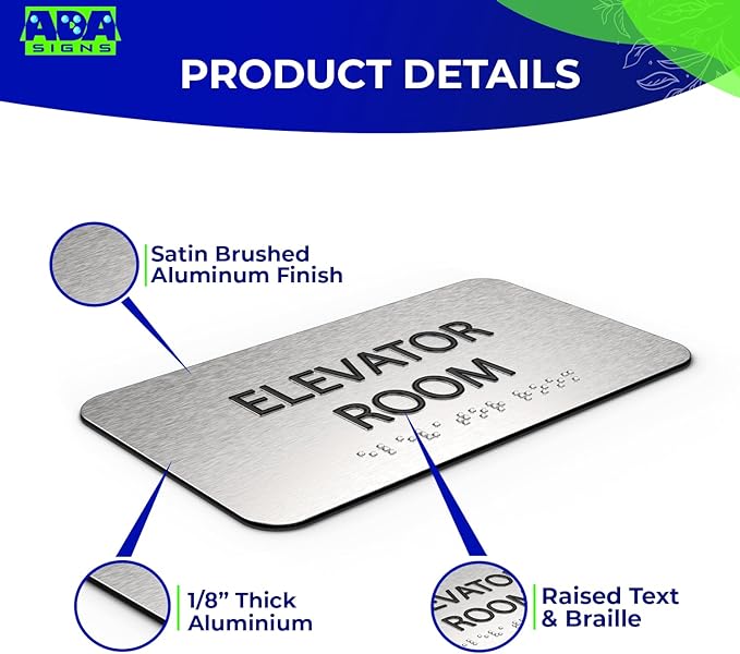 ADA Elevator Room Sign for Business - Office Signs, Aluminum Brushed Silver, Tamper-Proof, Heavy Duty Mounting Tape, Easy Install, Office Décor, ADA Compliant, Grade 2 Braille (7” W x 4” H) ADASigns.org