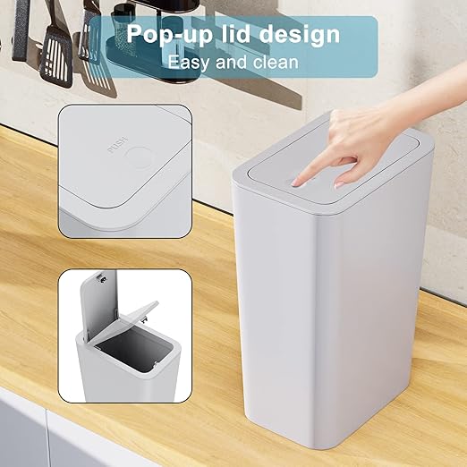 N. NETDOT 3 Pack Small Trash Can with lid, 3 Gallon Bathroom Trash Can,Garbage Can Slim Trash Bin Waste Basket for Bathroom,Kitchen,Bedroom,Living Room,Office,Laundry - Grey