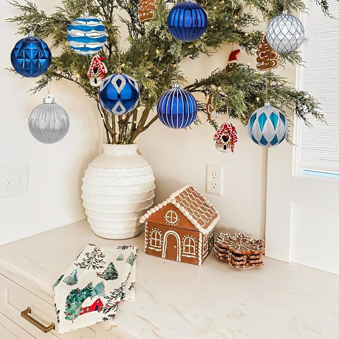 Hollyone 4 Inch Blue & Silver Christmas Ornaments - 12 Pcs Shatterproof Tree Balls for Xmas Tree Decor & Holiday Party Wreath Home Decor