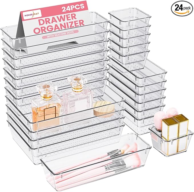 HOUSE DAY Makeup Drawer Organizer Trays 24 PCS, 4-Size Clear Drawer Organizers with Silicone Pads, Vanity Organizers and Storage, Non Slip Plastic Drawer Organizer for Desk, Bathroom, Kitchen, Office