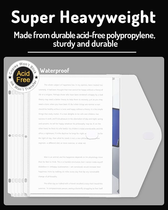 Forvencer Binder Pocket, 5 Pack Super Heavyweight Poly Binder Pocket with Tight Closure, File Folders Side Loading, 3 Ring Binder Organizer, Letter Size, Clear