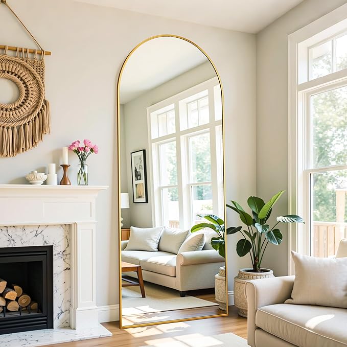 Full Length Mirror, 71"x26" Oversized Floor Mirror Freestanding, Full Body Mirror Floor Standing Mirrors with Stand, Hanging Mounted Mirrors for Bedroom Living Room, Gold, Arched Style