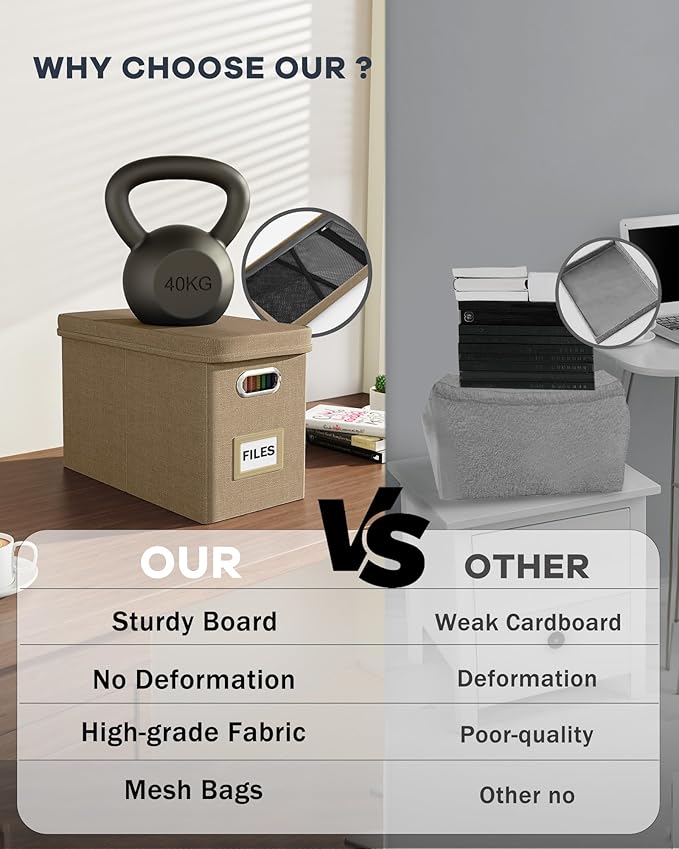 Oterri Hanging Filing File Box with Mesh Pocket, File Organizer Box with Lid, Collapsible Document Organizer Box for Letter Size, Easy Slide Durable Storage Box for Office/Decor/Home (2 PCS, Khaki)