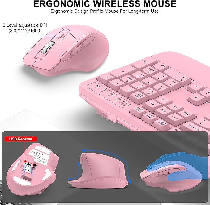 Wireless Keyboard and Mouse Combo, 2.4G Full Size Wave Keys Ergonomic Keyboard with Wrist Rest and 3-Level DPI Adjustable Wireless Ergonomic Mouse for Windows, Mac OS Desktop/Laptop/PC(Pink)