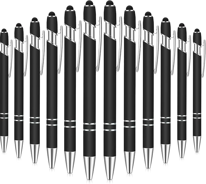 12 Pieces Ballpoint Pen with Stylus Tip, 1.0 mm Black Ink Metal Pen Stylus Pen for Touch Screens, 2 in 1 Stylus Ballpoint Pen (Black)