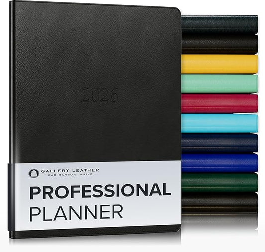 Gallery Leather Professional Weekly Monthly Planner 2026, Elegantly Bound Calendar Planner and Notebook with Stylish Gold-Gilded Page Edges, 12 Months - Monhegan Black - 9 x 7 "