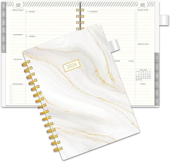 2026 Planner Weekly and Monthly, AIMPEAK Weekly Planner 2026 with Tabs, Jan. 2026 - Dec. 2026, Calendar Planner for Women, Pen Loop, Flexible Cover，Spiral Binding, White Marble, 5.5" x 8.5"