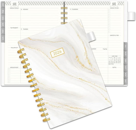 2026 Planner Weekly and Monthly, AIMPEAK Weekly Planner 2026 with Tabs, Jan. 2026 - Dec. 2026, Calendar Planner for Women, Pen Loop, Flexible Cover，Spiral Binding, White Marble, 5.5" x 8.5"
