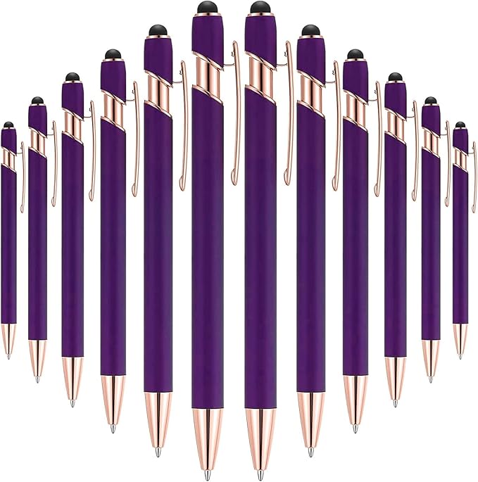 Tenare 12 Pieces 2 in 1 Stylus Metal Ballpoint Pen with Stylus Tip, 1.0 mm Black Ink Ballpoint Pen for Touch Screens(Purple and Rose Gold)