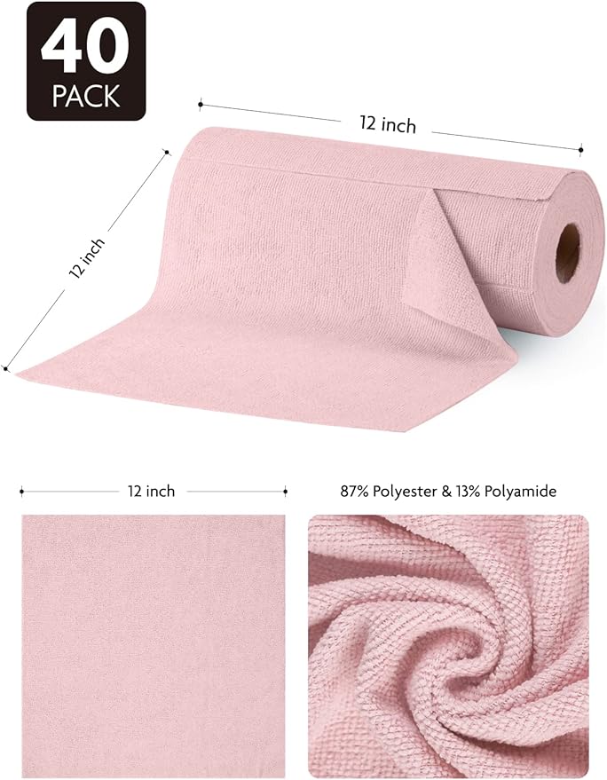 Fantasticlean Microfiber Cleaning Cloth Roll -40 Pack, Tear Away Microfiber Towels, 12" x 12", Reusable, Washable, Scratch Free, Ultra Absorbent Dish Rags for Car, Home, Garage or Shop (Pink)