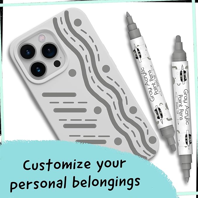 4 Dual Tip Gray Paint Pen Metallic - Fine Tip & Medium Acrylic Paint Markers - Gray Marker for Metal, Wood, Rock Painting, Canvas, Ceramic, Glass, Fabric, Leaf and Plastic - Water-based Ink