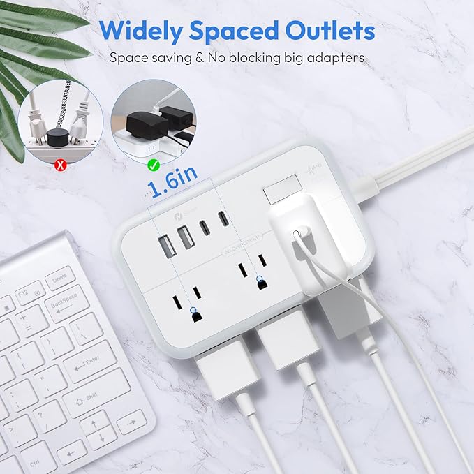 NTONPOWER Surge Protector Power Strip with 6 Outlets 4 USB Charging Station(2 USB C Port), 5 Ft Flat Plug Extension Cord, Outlet Extender for Indoor, Home, Office Supplies, Dorm Room Essentials
