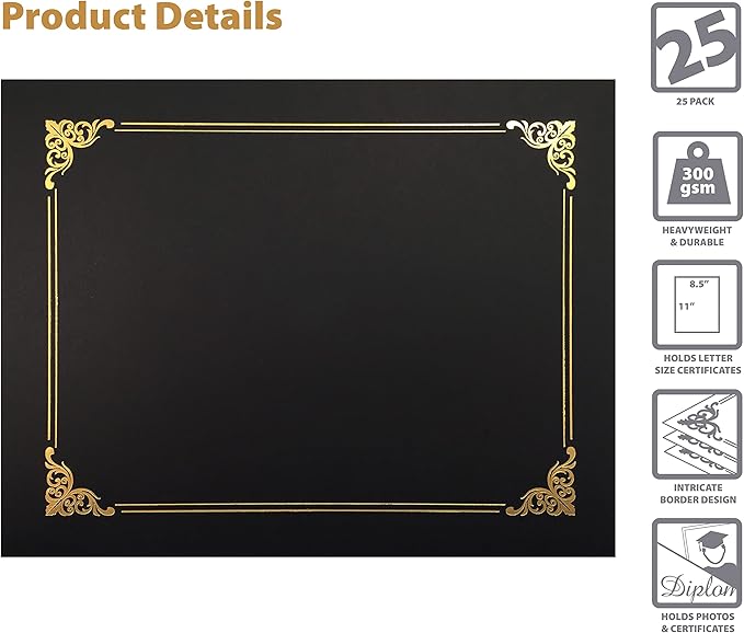 Better Office Products 25 Pack Black Certificate Holders, Diploma Holders, Document Covers with Gold Foil Border, for Letter Size Paper, 25 Count, Black