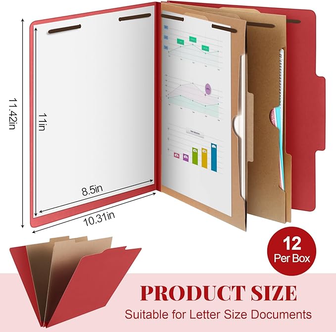 Skyygemm 12 Pcs Classification Folders Letter Size, 2 Pocket Dividers Pressboard File Folder with Fasteners, Expanding File Organizer Bulk for Teachers, Clergy, Office, Church, Christmas (Red)