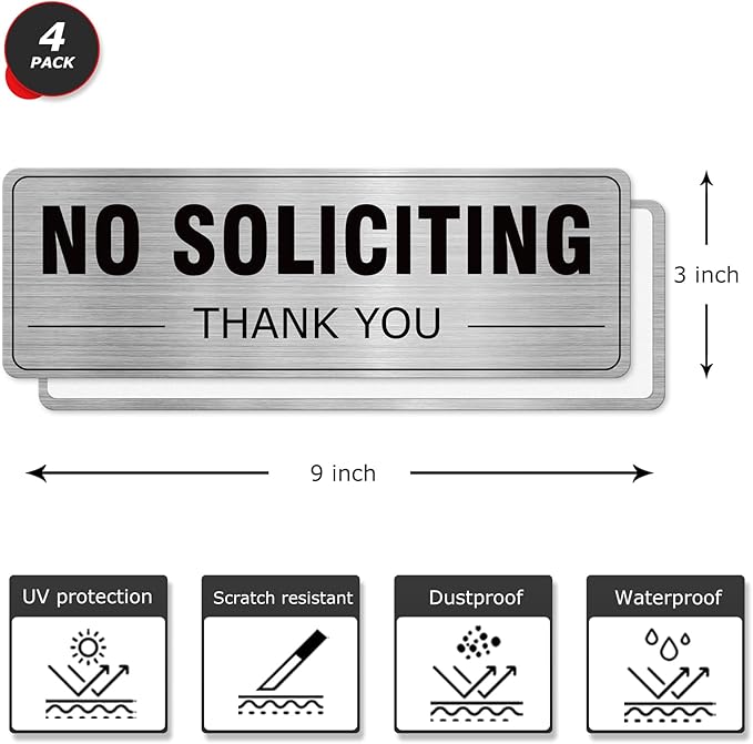 No Soliciting Sign Aluminum Silver 9 x 3 Inches Self-Adhesive Waterproof Metal Door Wall Sign for Business Houses 4 Pack