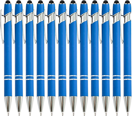 PASISIBICK 12 Pieces Blue Ballpoint Pen with Stylus Tip, 2 in 1 Stylus Stylish Pen, Blue Metal Stylus Pen for Touch Screens, Black Ink, 1.0 mm Medium Point(12 PCS Light Blue)