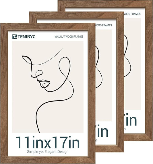 11x17 Walnut Poster Frame 3 Pack with HD Glass - Natural Brown, Solid Wood Picture Frame, Wall Gallery Frame