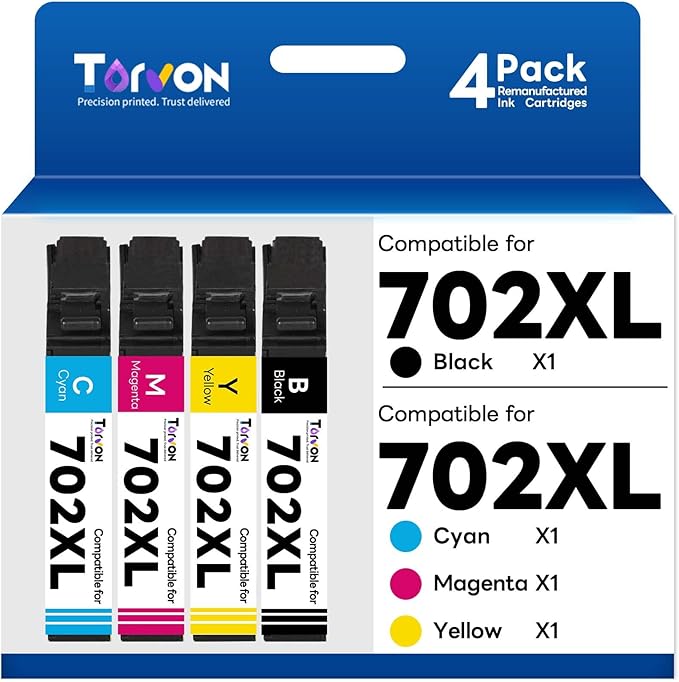 Remanufactured Ink Cartridge Replacement for Epson 702 Ink Cartridges 702XL 702 XL T702XL Compatible with Workforce Pro WF-3720 WF-3730 WF-3733 Printer(4 Pack)