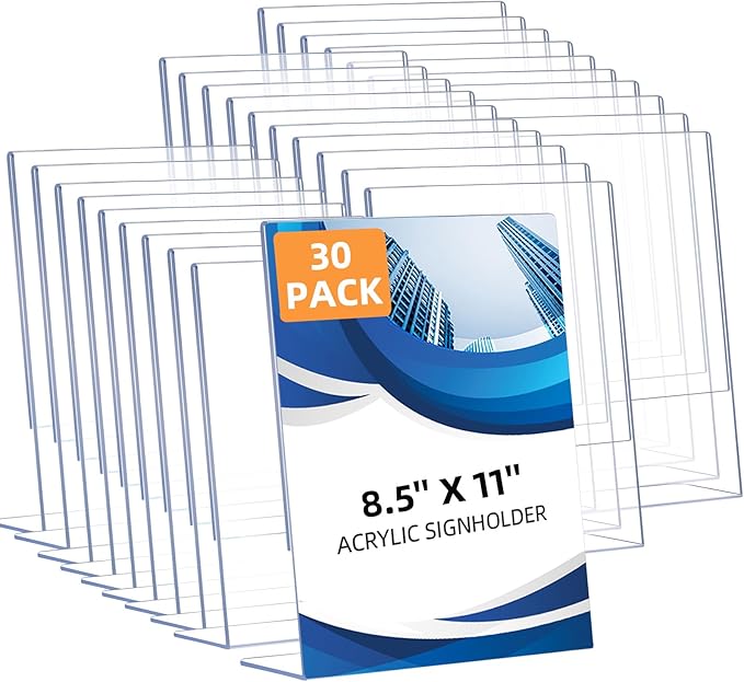 30 Pack Acrylic Sign Holder 8.5 x 11, Clear Plastic Display Stands for Tabletop, L-Shape Acrylic Stands for Flyers, Documents, Office, Restaurants, Vertical Sign Holder 8.5x11 for Desktop