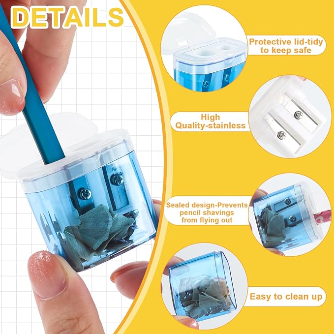 100 Piece Pencil Sharpeners Bulk, Manual Dual Holes Pencil Sharpeners for Kids, 4 Colorful Handheld Sharpeners with Lid Portable Compact for School Supplies Classroom Office Students Home