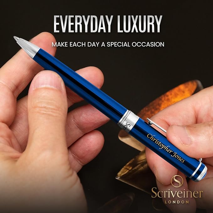 Scriveiner Personalized Midnight Blue Pen - Stunning Blue Lacquer Luxury Pen, Chrome Finish, Schmidt Ink Refill, Best Engraved Ball Point Gift Set for Men & Women, Custom Name Engraving
