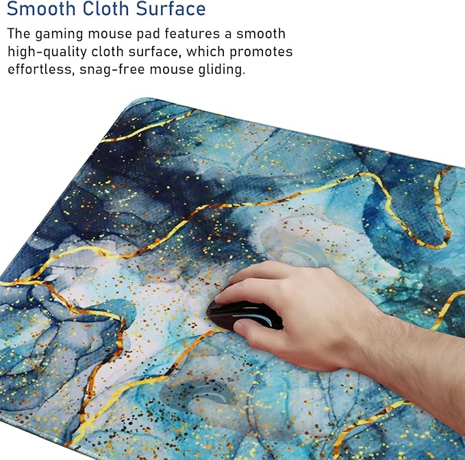 Large Gaming Mouse Pad with Stitched Edges, (31.5X15.7In) Durable Non-Slip Natural Rubber Base, Waterproof Computer Keyboard Pad Mat for Esports Pros/Gamer/Desktop/Office/Home- Marble Blue