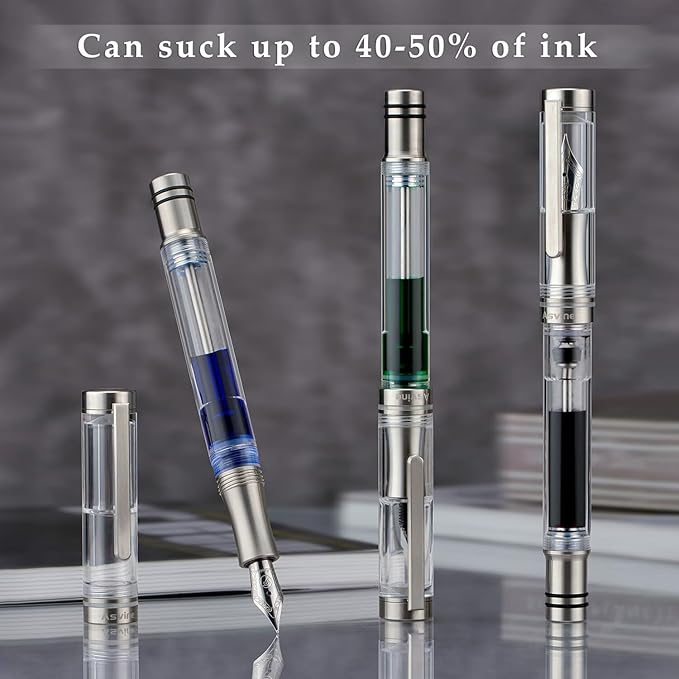 Asvine V200 Titanium Fountain Pen Vacuum Filling, Germany Bock Fine Point Clear Transparent Acrylic Smooth Writing Pen Case