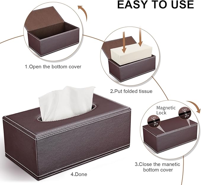 KINGFOM 3PCS/SET Desk Organizers and Accessories, Pu Leather Office Supplies Organization Set with Tissue Holder, Pencil Holder and Business Name Cards Stand Brown