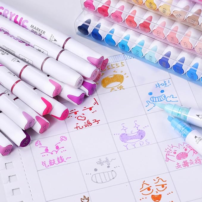 kander 12 Colors Dual Tip Acrylic Paint Markers, Yellow Orange Color — Extra Fine & Soft Brush Pen Set with Direct Ink Flow for Sketching, Detailing, Coloring on Wood, Canvas, Rock, Glass, DIY Crafts