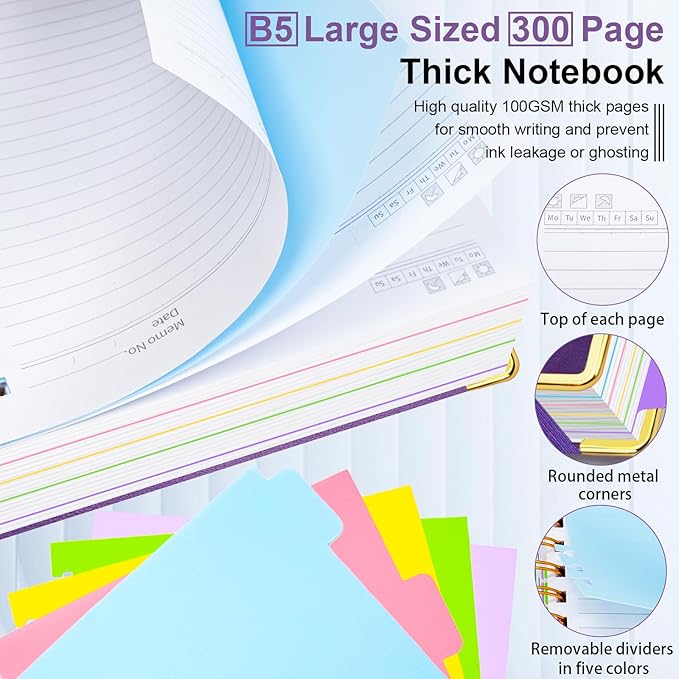 Hardcover Spiral Notebook 8"x10" Journal Notebook with Tabs and Removable Dividers 300 Pages 5 Subject Notebook College Ruled, Faux Leather Spiral Bound Notebook for Women, Students, School Work (Purple)