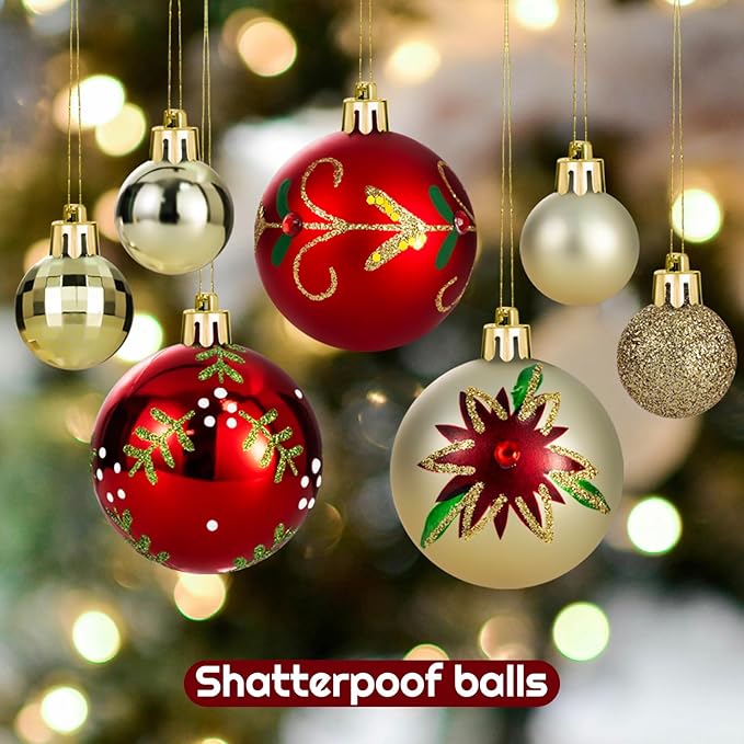 44PCS Christmas Ball Ornaments Set Xmas Tree Decoration Balls 2025 Shatterproof Hanging Colored for Party Wedding Home Party Outdoor Indoor Red & Golden