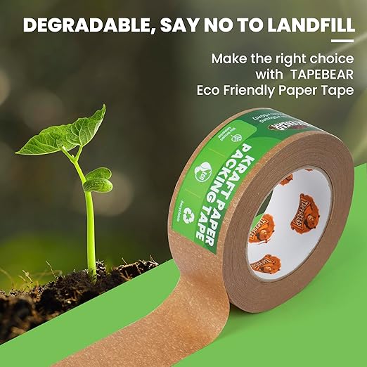 TAPEBEAR Eco-Friendly Kraft Paper Tape, Biodegradable Heavy Duty Packing Tape 2Inch x 55Yard, Recyclable Packaging Tape Self Adhesive Box Tape for Shipping, Sealing, Moving & Masking, 6Rolls