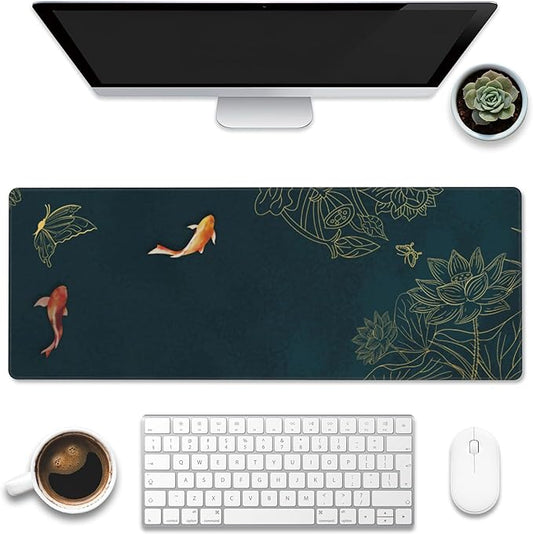 Large Gaming Mouse Pad, Koi Fish Ink Painting Desk Mat, Golden Line Lotus Desk Pad, Extended Big Computer Keyboard Mouse Pad with Non-Slip Base and Stitched Edge, 31.5"x11.8"