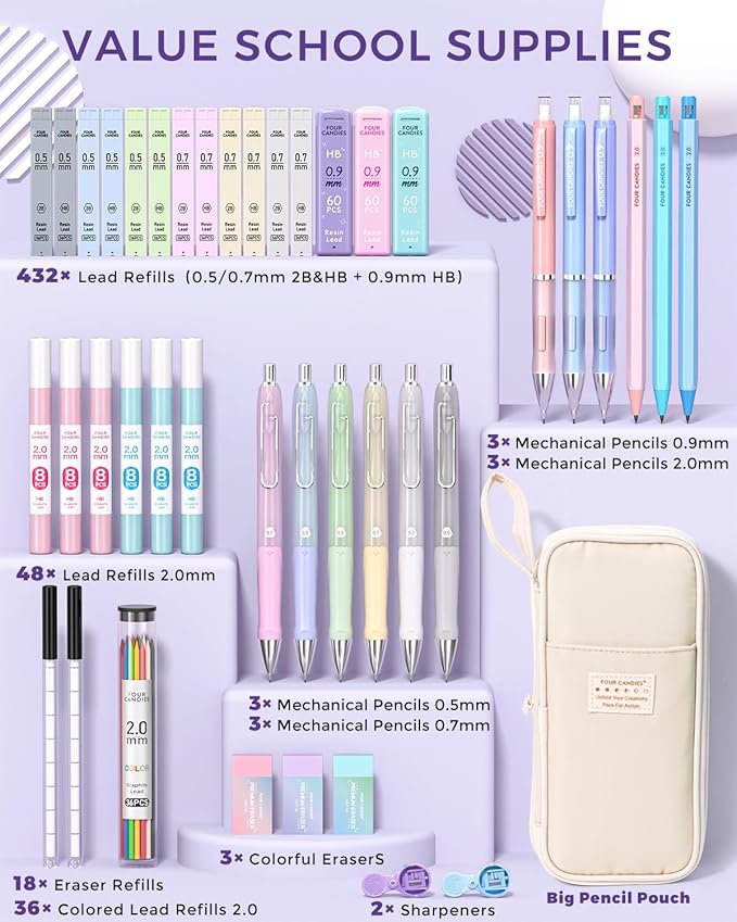 Four Candies 42PCS Aesthetic School Supplies, Mechanical Pencil Set 0.5mm, 0.7mm, 0.9mm, 2.0mm with 696 Lead Refills, Pastel Mechanical Pencils for Writing, Drawing & Drafting (Cream)