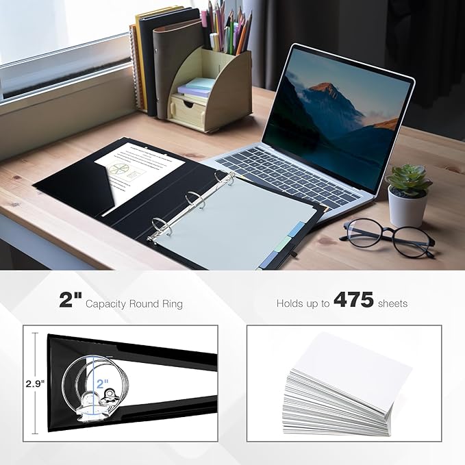 Ospelelf 3 Ring Binder, 2 Inch, Cute Letter Size (11" x 8.5") with 5 Tab Dividers, File Folder Labels and Low Profile Clipboards, Black for School and Office Supplies