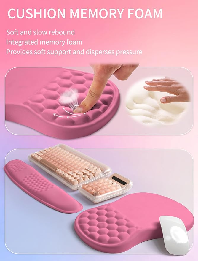 Hokafenle 2in1 Combination, Wave Keyboard Wrist Rest and Ergonomic Curvature Mouse Pad Wrist Support for Relieve Wrist Pain, Filled with Soft Cushion Memory Foam, Tough Guy Pink