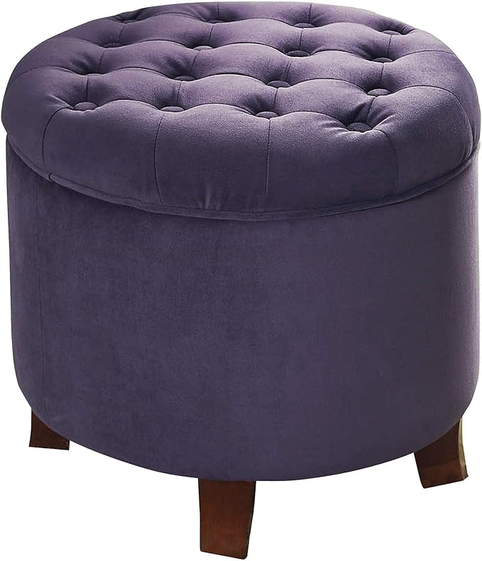 HomePop Home Decor | Upholstered Round Velvet Tufted Foot Rest Ottoman | Ottoman with Storage for Living Room & Bedroom | Decorative Home Furniture, Purple