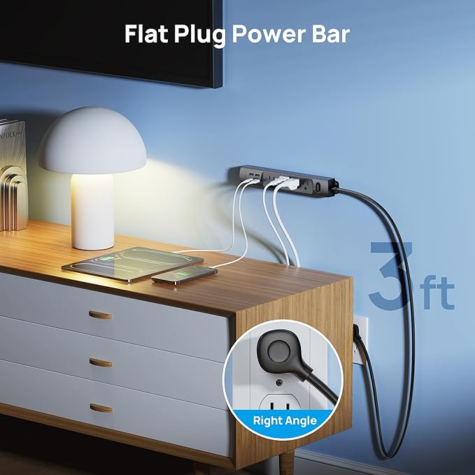 TROND Surge Protector Power Strip with USB, Ultra Thin Flat Plug 3ft Extension Cord 1625W, 3 USB A & 1 Type C, 4 AC Outlets 1440J Surge Protection, ETL Listed, Wall Mount for Home Office Dorm, Black