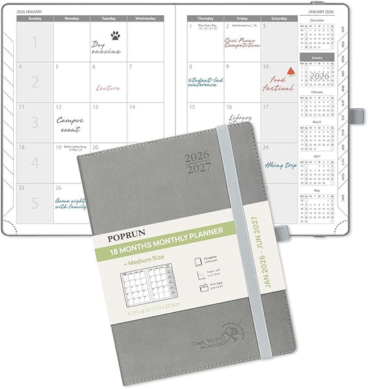 POPRUN Monthly Planner 2026-2027 (Medium- 6.5'' x 8.5'' Soft Cover), 18-Month Calendar Book (Jan.2026 - Jun. 2027), Calendar Planner with Monthly Tabs & Pocket, 100 GSM Paper - Grey