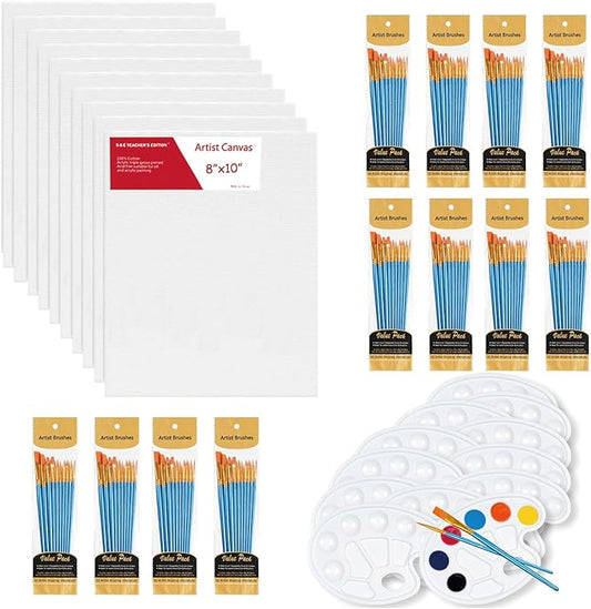 S & E TEACHER'S EDITION 120Pcs Painting Brushes, 12Pcs Paingting Palettes, 12Pcs Canvas Panels, Canvas Boards Bulk Value Pack for Classes and Parties, Total 144Pcs.