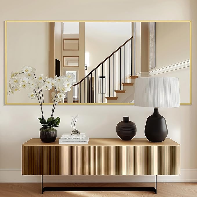 Large Full Length Mirror, 71"x32" Gold Floor Mirror with Stand, Rectangle Standing Mirror for Living Room Bedroom Cloakroom Gym, Thin Aluminum Frame, Tempered Glass
