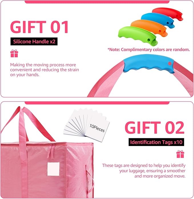 Moving Bags Heavy Duty Extra Large, Moving Boxes, Moving Supplies Essentials,Storage Bins with Lids, Plastic Packing Totes, Storage Bags for Clothes with Handles & Zippers(Pink, 10 Pack)