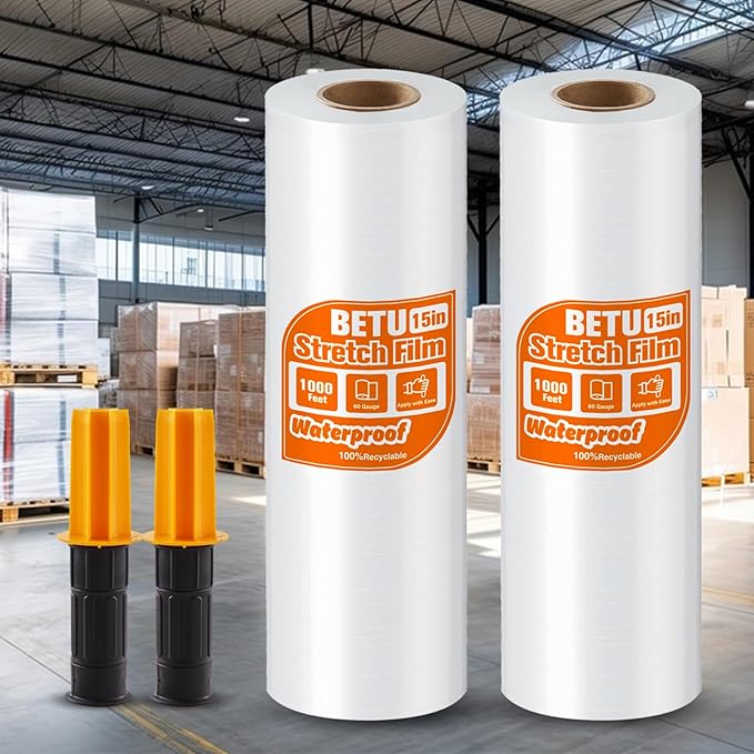 BETU Plastic Wrap Stretch Film for Moving Supplies 15inch X 1000ft, Shrink Wrap Stretch Roll Industrial for Furniture Wrapping Shipping Pallet Moving Boxes Storage with Handles, 2 Pack, Clear