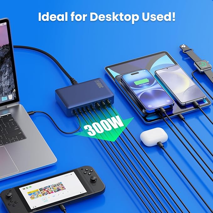 USB C Charger 300W USB C Charger Block 8-Ports GaN IV Fast Charging Station,PD 100W Laptop Charging Hub Wall Charge Adapter Compatible with MacBook/Air,DELL,Steam Desk,iPhone 16/15/14,Galaxy