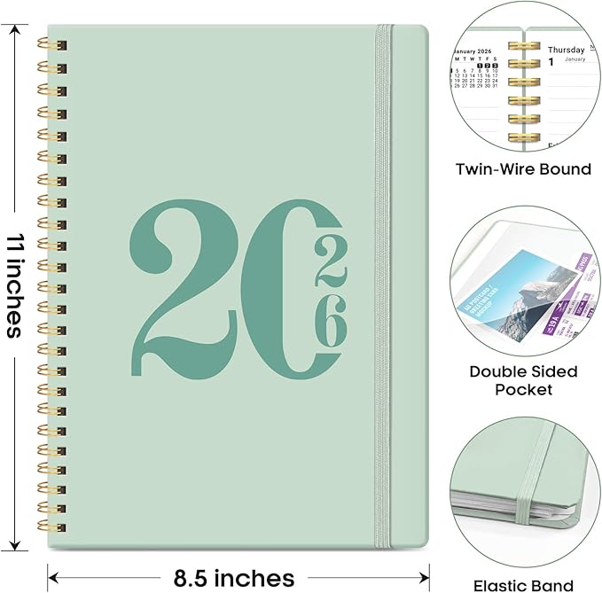 2026 Planner, Weekly and Monthly Calender Planner, Jan 2026 to Dec 2026, Hardcover 2026 Calendar Planner Book with Tabs & Inner Pocket, Office Home School Supplies for Women & Men - A4 (8.5" x 11"), Mint