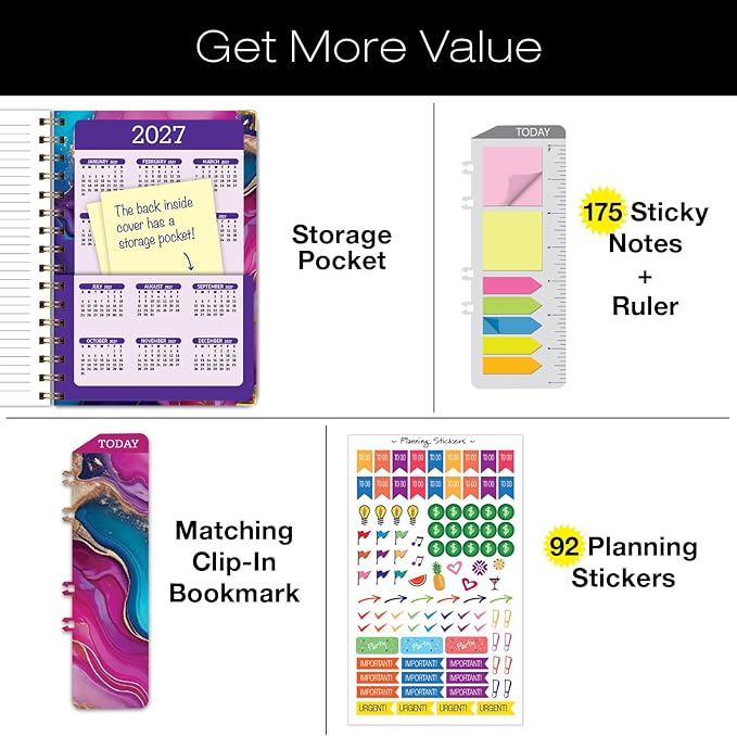 HARDCOVER 2026 Planner, 5.5"x8": 14 Months (November 2025 - December 2026), Daily Weekly Monthly Planner, Yearly Agenda, Bookmark, Pocket Folder and Sticky Note Set (Pink Purple Marble)