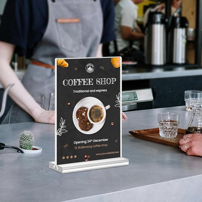 Acrylic Sign Holder 5x7, 25 Pack Clear Double Sided Table Menu Vertical Display, Plastic Flyer Display Stand, Paper photo Plastic Sign Frame Suitable for Restaurants Office Store Hotels, Show Fair