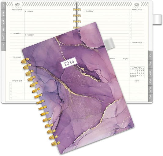 Planner 2026 -Weekly and Monthly Planner, AIMPEAK 2026 Daily Planner with Tabs, Jan. 2026 - Dec. 2026, Calendar Planner for Women, Purple Marble, 5.5" x 8.5"